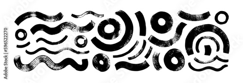 Collection bold circular shapes and wavy lines. Brush drawn vector grunge curved strokes. Trendy vector design with basic geometric shapes. Grunge abstract figures, circles and waves.