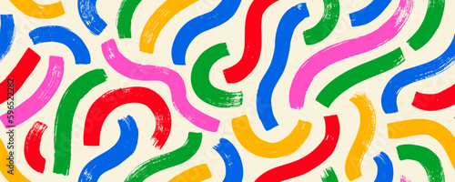 Wavy and curved brush strokes vector seamless pattern. Colorful childish banner with squiggles. Creative doodle organic bold lines. Bright color geometric seamless banner with trendy basic shapes.
