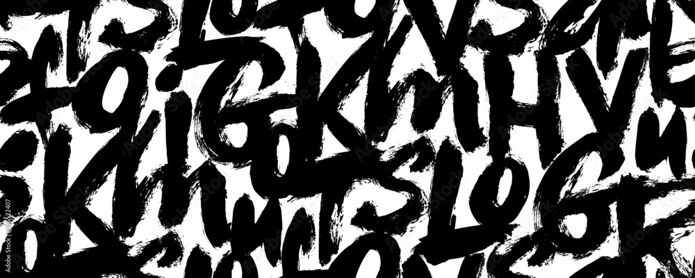 Graffiti seamless pattern with bold alphabet letters. Brush drawn grunge calligraphy pattern. Letters of the alphabet in random order. Vector black textured brush strokes. Abstract typography banner. Graffiti seamless pattern with bold alphabet letters. Brush drawn grunge calligraphy pattern. Letters of the alphabet in random order. Vector black textured brush strokes. Abstract typography banner.