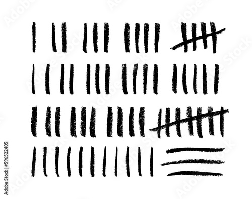 Tally marks count or prison wall sticks lines counter. Brush drawn prison or jail wall counting lines. Vector hand drawn chalk stripes with slash strokes. Black ink illustration. Grunge numbers.