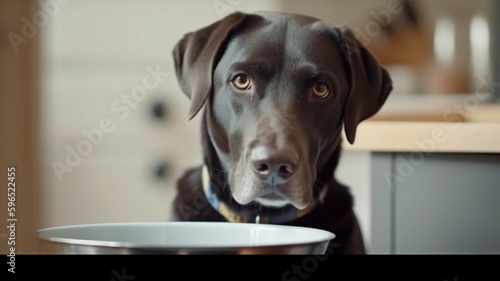 Dog is waiting for food in the kitchen, its eyes sad. In his mouth, a cute labrador retriever is holding a dog bowl.The Generative AI