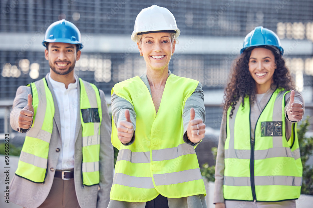 Your building is up to code. Cropped portrait of three happy construction workers giving thumbs up while standing on a building site. Your building is up to code. Cropped portrait of three happy construction workers giving thumbs up while standing on a building site.