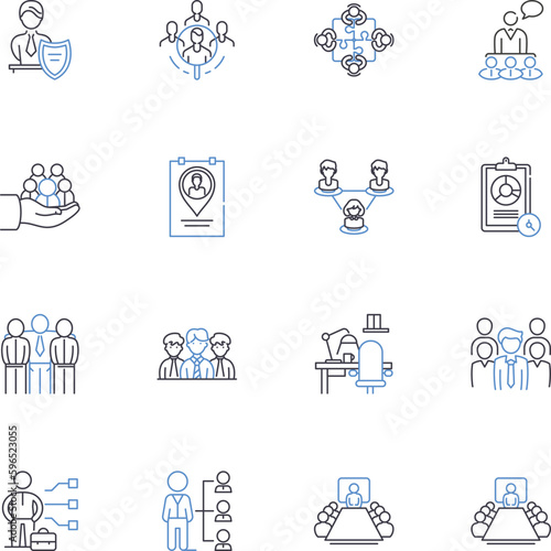 Conducting colleagues line icons collection. Leadership, Collaboration, Communication, Respect, Coherence, Synergy, Accountability vector and linear illustration. Empathy,Harmony,Support Generative AI