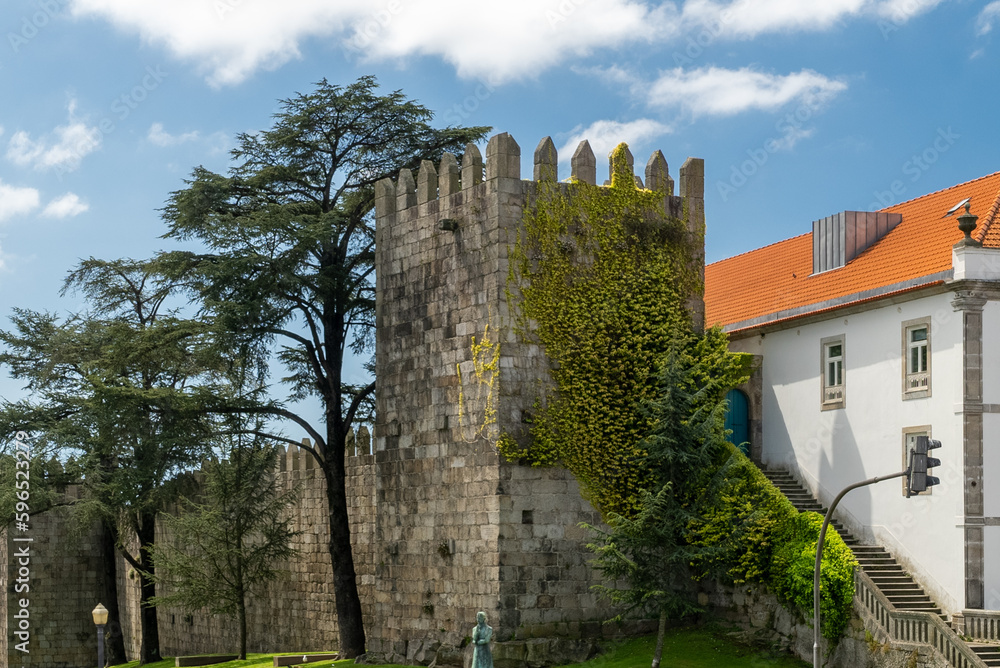 Oporto, Portugal. April 13, 2022: San Fernando wall in day with beautiful blue sky.