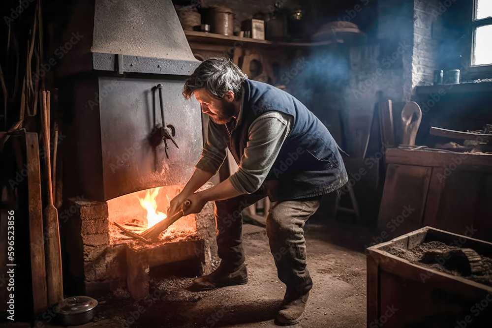 Man putting a log in a furnace or fireplace, high quality generative ai Man putting a log in a furnace or fireplace, high quality generative ai
