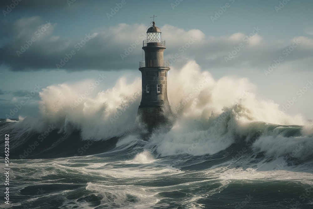 Lighthouse endures storm and giant waves as tsunami looms. Generative AI