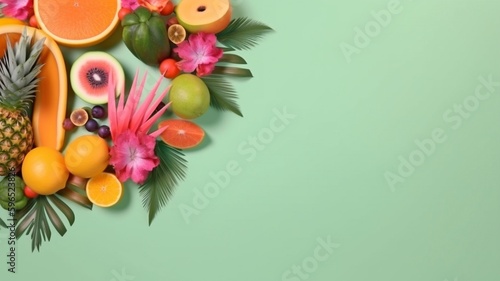 Invitation card for a beach wedding  summer banner  or tropical fruits background with pineapple.Generative AI