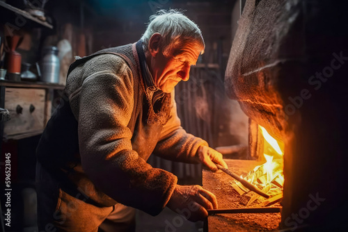 Man putting a log in a furnace or fireplace, high quality generative ai
