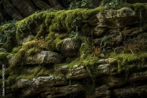 Mossy rock wall as a background. Generative AI