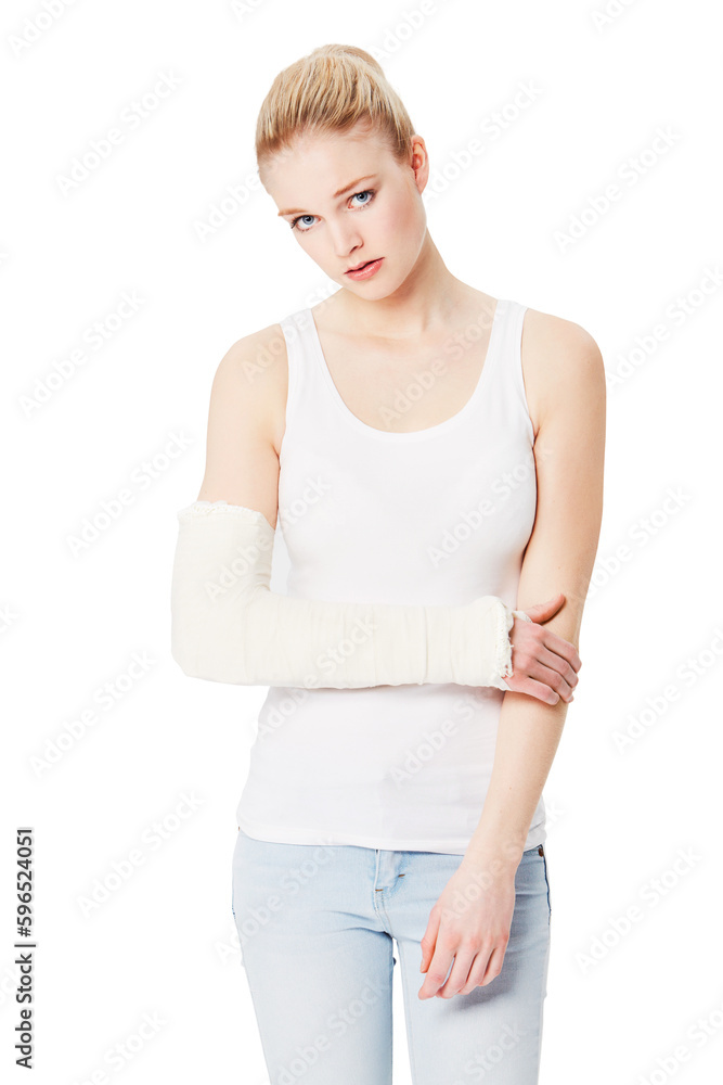 Woman with injury, portrait and cast on arm with accident or medical emergency isolated on transparent or png background. Health insurance, first aid and sad injured female person in healthcare pain Woman with injury, portrait and cast on arm with accident or medical emergency isolated on transparent or png background. Health insurance, first aid and sad injured female person in healthcare pain