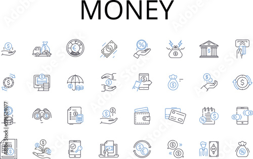 Money line icons collection. Wealth, Currency, Cash, Dough, Bucks, Moolah, Funds vector and linear illustration. Coins,Greenbacks,Scratch outline signs set Generative AI photo