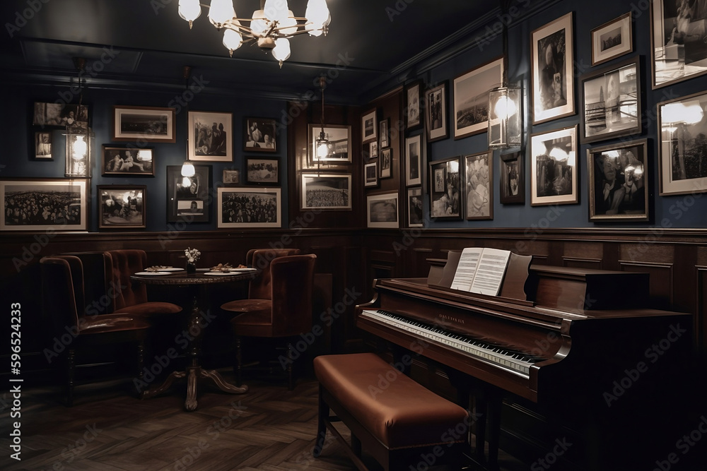 A bar with a piano, chairs, and old clocks, picture frames surround, retro English pub, Jazz bar, generative ai