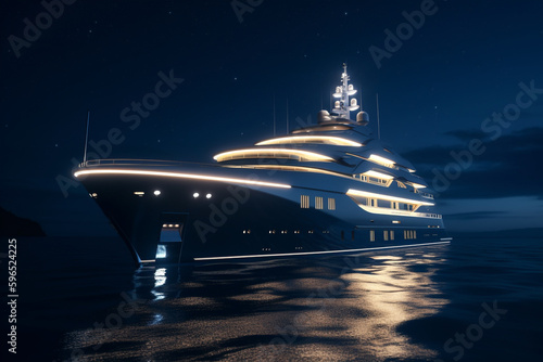 Illuminated superyacht cruising at night, Generative AI   © Jhati