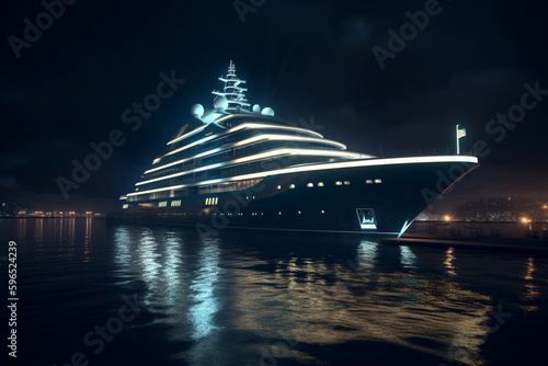 Illuminated superyacht cruising at night, Generative AI	

