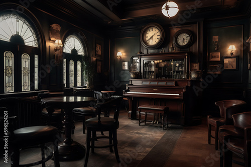 A bar with a piano, chairs, and old clocks, picture frames surround, retro English pub, Jazz bar, generative ai