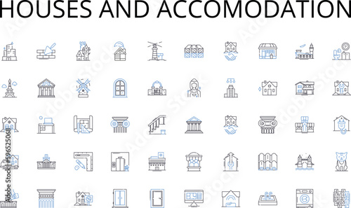 Houses and accomodation line icons collection. Digital, Streaming, Social, Web, Advertisements, Blogging, Vlogging vector and linear illustration. Podcasting,Online journalism,Content Generative AI