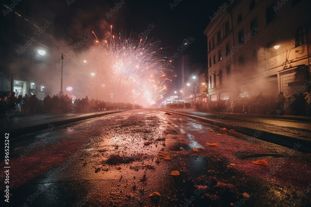 New year's celebration with vibrant pyrotechnics on urban roads. Generative AI