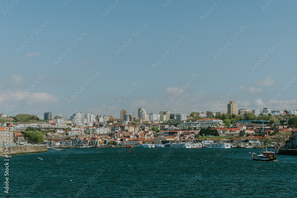 Panoramic landscape of the Douro and Porto and Vila Nova de Gaia, view in the background of the Monastery of Serra do Pilar. Oporto, Portugal. 