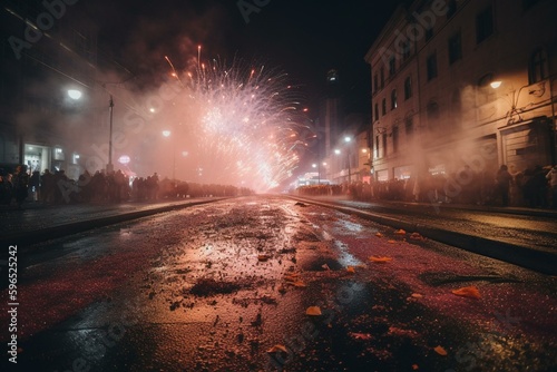 New year's celebration with vibrant pyrotechnics on urban roads. Generative AI