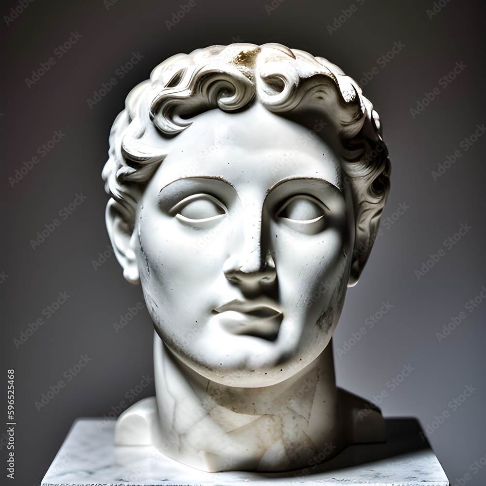 Broken ancient Greek statue head falling in pieces. Broken marble sculpture, cracking bust, the concept of depression, memory loss, mentality loss, or illness. AI-generated