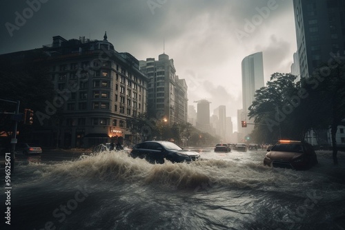 Massive hurricane hits city due to global warming. Generative AI photo
