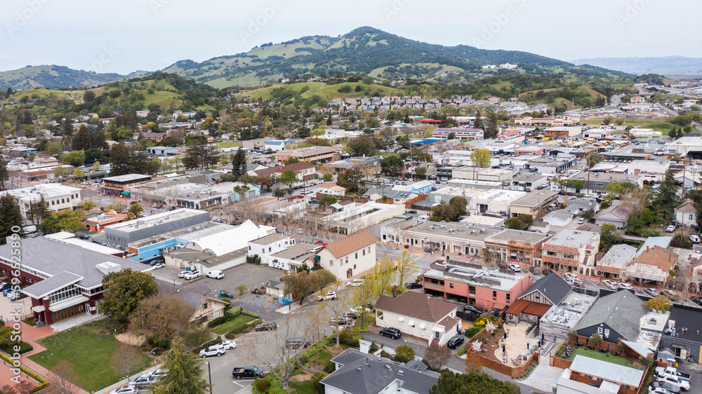 Afternoon aerial view of the historic downtown urban core of Novato, California, USA.