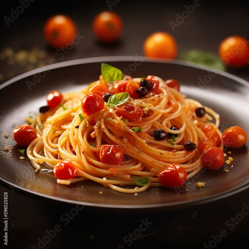 spaghetti with tomato sauce and basil, generative AI