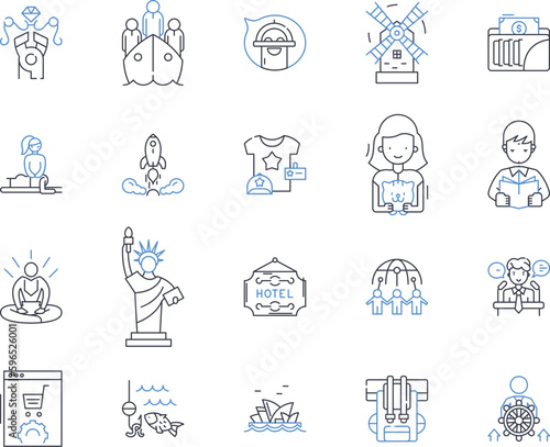 Wanderlust wizard line icons collection. Adventure, Travel, Exploration, Magic, Curiosity, Mysticism, Journeys vector and linear illustration. Wings,Maps,Enchantment outline signs set Generative AI