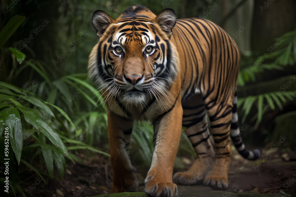 cool sumatra tiger standing - obrazy, fototapety, plakaty 