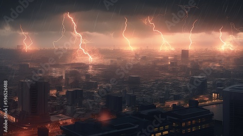 thunderous cityscape, digital art illustration, Generative AI