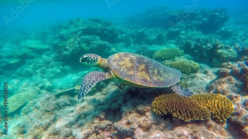 Sea turtle swimming in the under sea , Beautiful Underwater and colorfull coral in wild nature of the Pacific Ocean