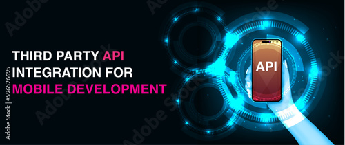 Third party API integration for mobile development. Hand holding mobile app API development banner, user software API prototyping, Application Programming Interface. Vector.