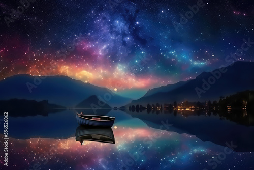 Abstract starry night dream landscape with a boat on the water and the galaxy, the milky way, the universe, stars, and planets reflected in a lake, generative AI