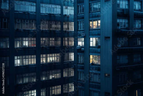Blue window high-rise buildings against a dark concrete backdrop. 3D rendering. Generative AI