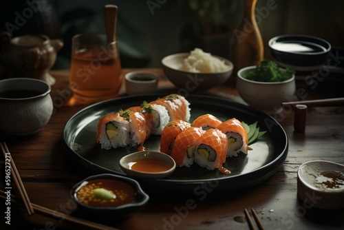 Sushi plate with chopsticks  sauce and oil in the background. Generative AI