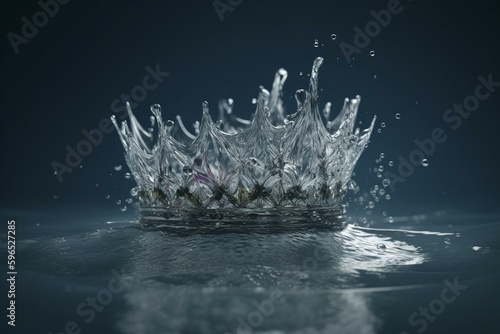 Realistic 3D illustration of frozen splash crown on calm water surface. Represents clean environment, fresh source, natural product. Keywords: frozen, motion, splash, waves, droplets,. Generative AI