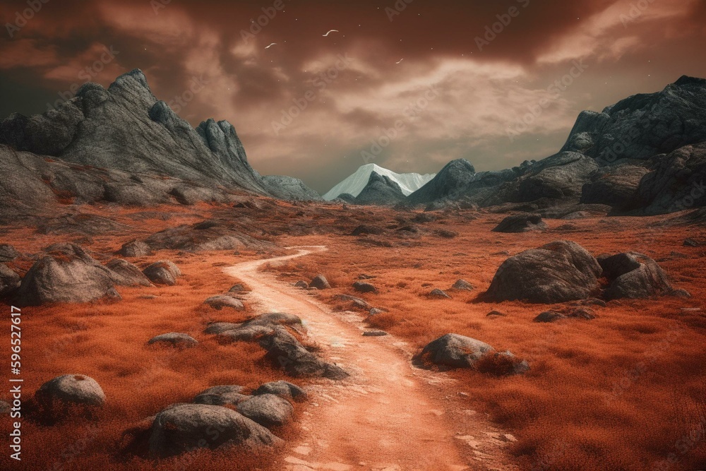 A surreal landscape - orange and rocky with a mysterious road leading to the unknown. A fantasy-like feel adds to the intrigue. Generative AI