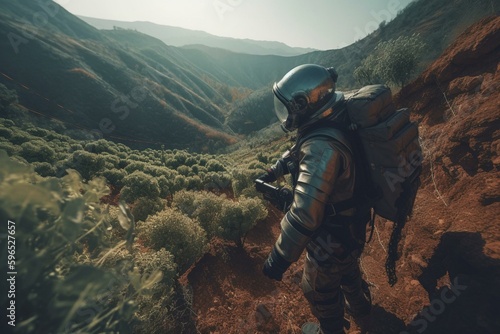 Astronaut cultivating crops on otherworldly terrain. Generative AI