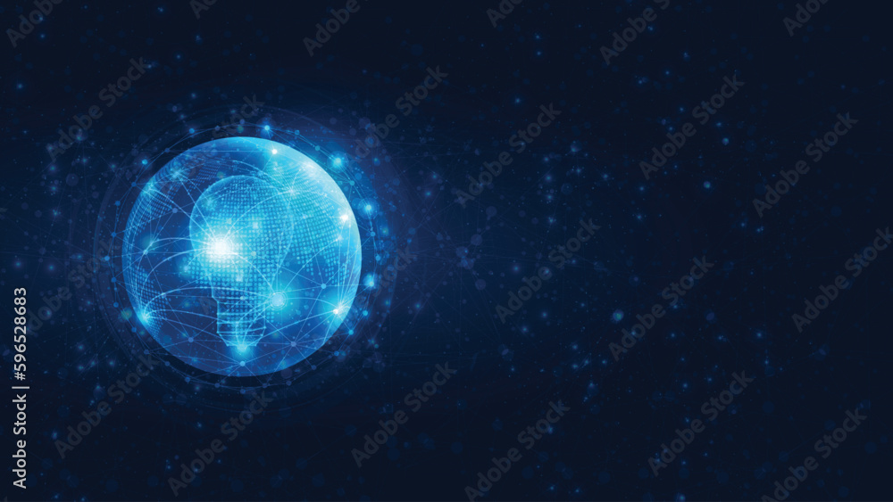 Light bulb inside Earth. Abstract Western hemisphere in blue. Digital Globe in circle, lines and transparent shapes on dark blue background. 