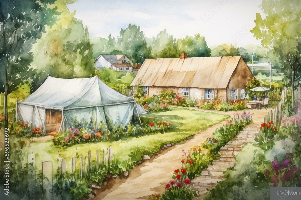 Hand-painted watercolor summer landscape border of village, garden, tent, and farmhouse. Ideal for design and print. Generative AI