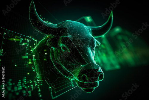 Abstract stock market with green bull head and charts background. Generative AI