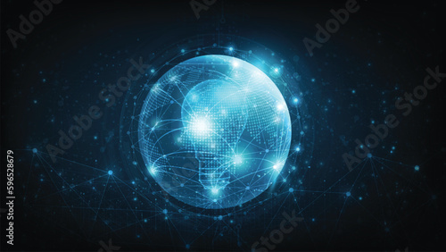 Light bulb inside Earth. Abstract Western hemisphere in blue. Digital Globe in circle, lines and transparent shapes on dark blue background. 