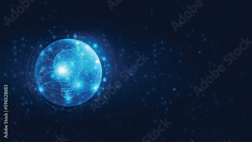 Light bulb inside Earth. Abstract Western hemisphere in blue. Digital Globe in circle, lines and transparent shapes on dark blue background. 
