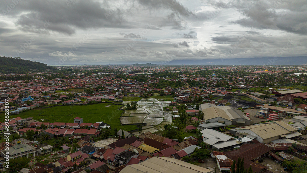 Padang city with residential areas and houses. Sumatra, Indonesia.