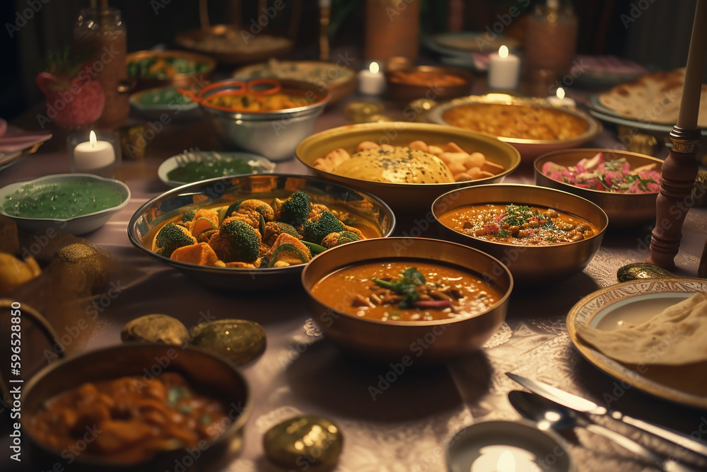 A banquet meal of curry and rice with naan bread and condiments. Generative AI. A banquet meal of curry and rice with naan bread and condiments. Generative AI.
