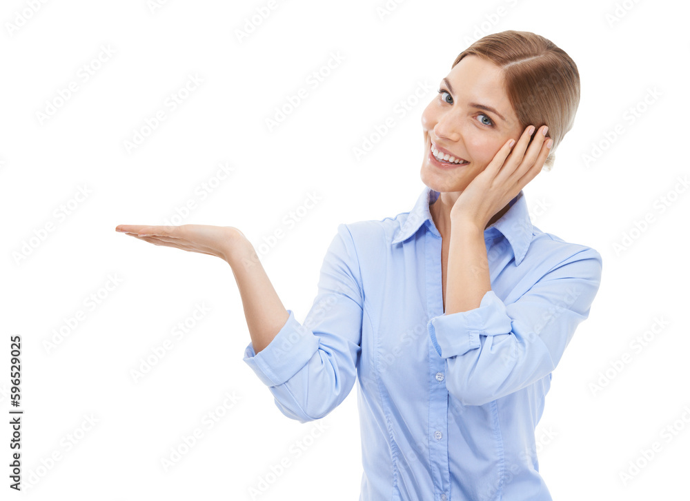 Happy, business and portrait of a woman with hand for solution, promotion and branding. Corporate worker, sales and gesture for marketing promo and service isolated on a transparent png background Happy, business and portrait of a woman with hand for solution, promotion and branding. Corporate worker, sales and gesture for marketing promo and service isolated on a transparent png background