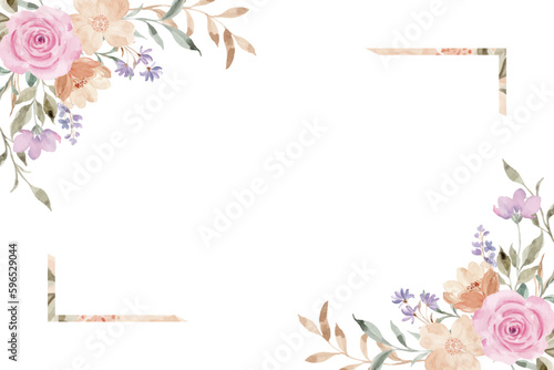 Pink rose flower frame with watercolor