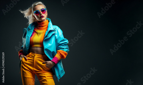 fashion woman colorful, the bold eclectic fashion styles of the Y2K era. dressed in the latest fashion trends of the time, including chunky shoes, low-rise pants, crop tops, and oversized sunglasses