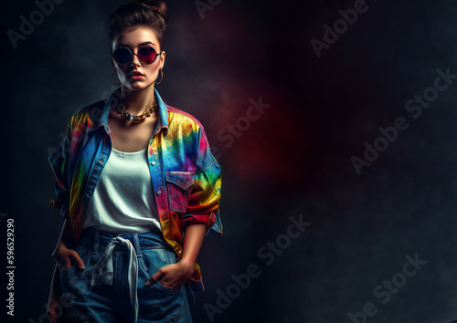 fashion woman colorful, the bold eclectic fashion styles of the Y2K era. dressed in the latest fashion trends of the time, including chunky shoes, low-rise pants, crop tops, and oversized sunglasses