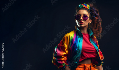 fashion woman colorful, the bold eclectic fashion styles of the Y2K era. dressed in the latest fashion trends of the time, including chunky shoes, low-rise pants, crop tops, and oversized sunglasses